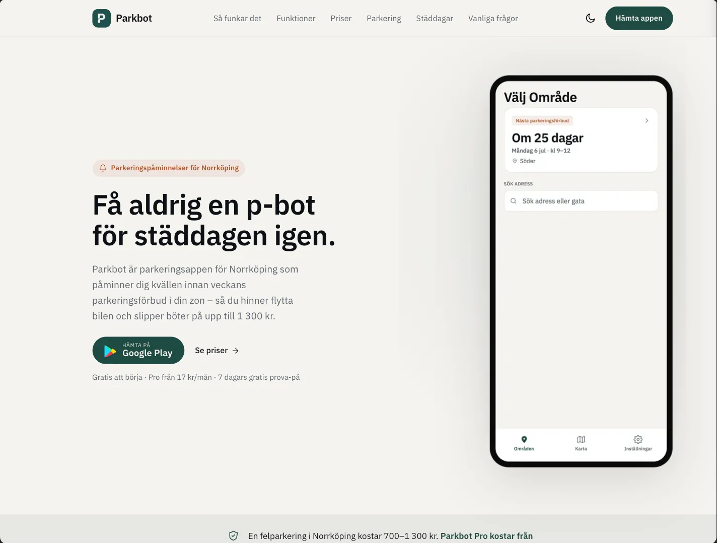 Parkbot parkeringsapp för Norrköping – landningssida med hero och mobilskärm som visar nästa parkeringsförbud vid gatustädning